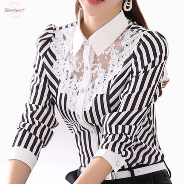 women blouse long sleeve lace striped turn down collar blouses official female formal shirt spring autumn, White
women blouse long sleeve lace striped turn down collar blouses official female formal shirt spring autumn, White