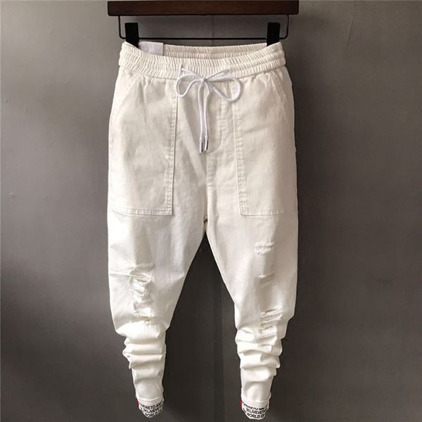 2018 ripped white jeans thin large pockets bound feet men young korean style slim fit ankle-length pencil pants elastic waist, Blue
2018 ripped white jeans thin large pockets bound feet men young korean style slim fit ankle-length pencil pants elastic waist, Blue