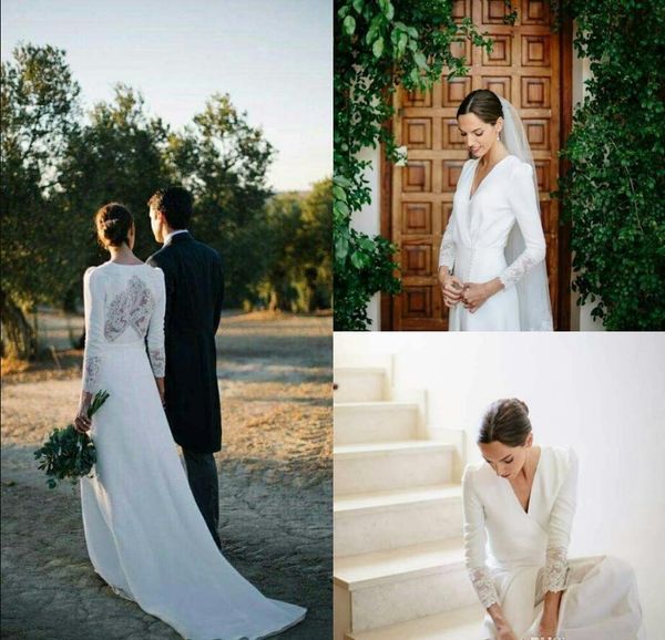 vintage long sleeve country wedding dress 2019 v neck lace spandex elegant a line sweep train modest design bridal gowns custom size, White
vintage long sleeve country wedding dress 2019 v neck lace spandex elegant a line sweep train modest design bridal gowns custom size, White