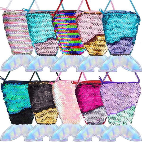 10 pieces mermaid tail coin purse mermaid tail sequin crossbody coin wallet bags for kids little girls mermaid party birthday gifts, Red;black
