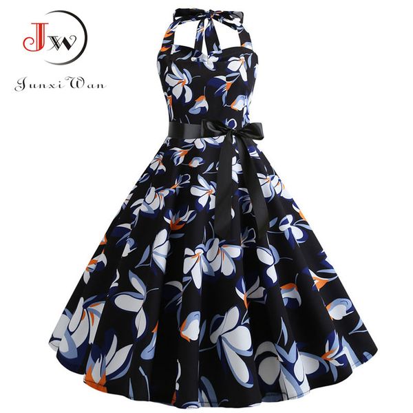 

vintage dress 2019 casual summer floral women robe 50s 60s rockabilly swing pinup vestido black floral print elegant party dress, Black;gray