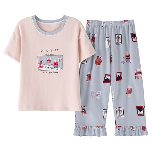 summer young girl short sleeve 100%cotton pajamas for women cute nightshirt casual home service cropped trousers sleepwear -2xl, Blue;gray
summer young girl short sleeve 100%cotton pajamas for women cute nightshirt casual home service cropped trousers sleepwear -2xl, Blue;gray