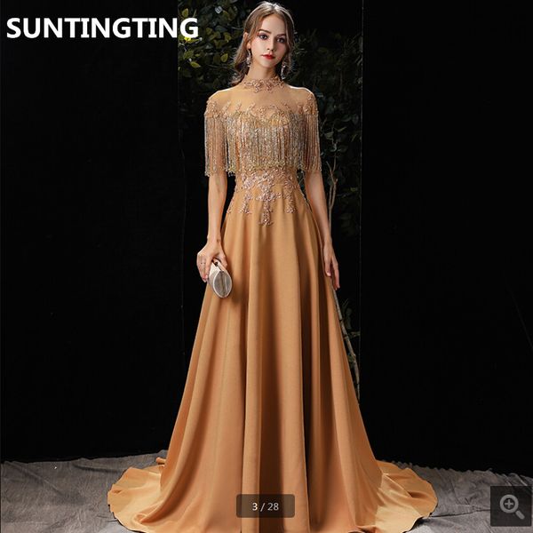 2020 new attractive gold lace appliques a line prom dress high neck cap sleeve heavily beading sparkly prom gowns evening party dresses, Black
2020 new attractive gold lace appliques a line prom dress high neck cap sleeve heavily beading sparkly prom gowns evening party dresses, Black