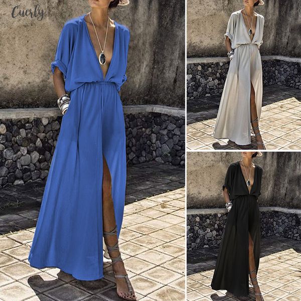 women solid deep v neck split dress casual half sleeve maxi loose solid sweetwear empire summer elegant ankle length dresses, Black;gray
women solid deep v neck split dress casual half sleeve maxi loose solid sweetwear empire summer elegant ankle length dresses, Black;gray