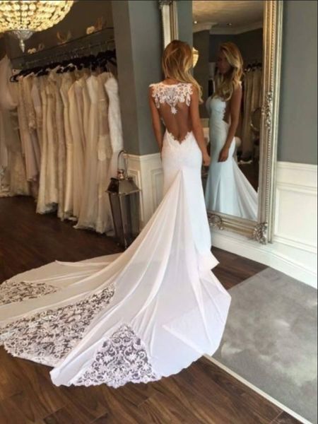 2022 lace chiffon beach wedding dresses mermaid style sheer neckline see though back applique bridal gowns wedding dress summer, White
2022 lace chiffon beach wedding dresses mermaid style sheer neckline see though back applique bridal gowns wedding dress summer, White