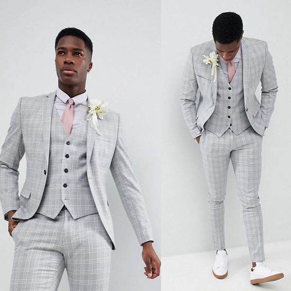 light grey white plaid groom wedding tuxedos slim fit one button mens prom designer jackets younger man blazer suits(jacket+vest+pants), Black;gray
light grey white plaid groom wedding tuxedos slim fit one button mens prom designer jackets younger man blazer suits(jacket+vest+pants), Black;gray