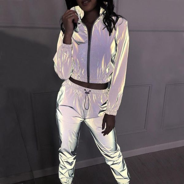 women tracksuits 2 piece set reflective zip crop pants windbreaker fashion female loose glow jacket coat trousers plus size, White;black
women tracksuits 2 piece set reflective zip crop pants windbreaker fashion female loose glow jacket coat trousers plus size, White;black