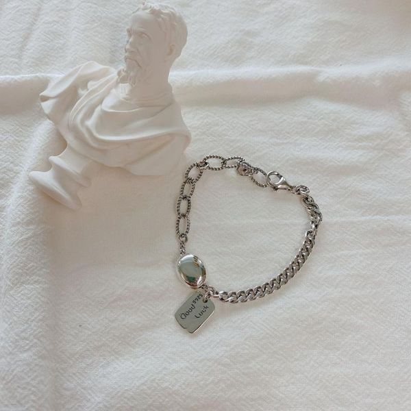 link, chain 925 sterling silver bracelet fashion square card luck retro old craft personality female girl hand jewelry, Black
link, chain 925 sterling silver bracelet fashion square card luck retro old craft personality female girl hand jewelry, Black