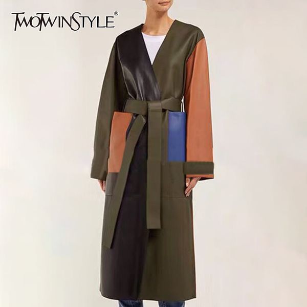 twotwinstyle pu leather patchwork hit color women's windbreaker v neck long sleeve high waist lace up female coats autumn 2019, Black
twotwinstyle pu leather patchwork hit color women's windbreaker v neck long sleeve high waist lace up female coats autumn 2019, Black