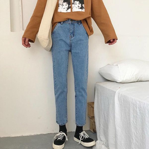 2019 the new korean version high waist slim denim pants women wild loose straight women nine pants, Blue
2019 the new korean version high waist slim denim pants women wild loose straight women nine pants, Blue