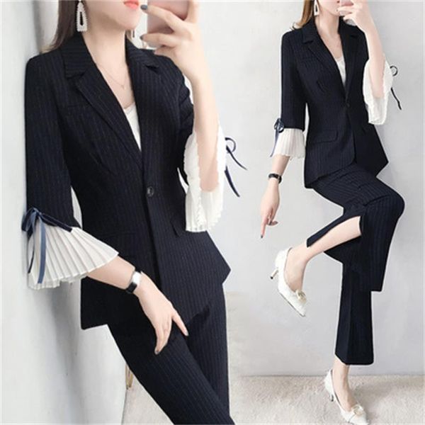 fashion suit suits female summer new large size casual british style irregular stripe slim suit +wide leg pants two-piece set, White;black
fashion suit suits female summer new large size casual british style irregular stripe slim suit +wide leg pants two-piece set, White;black