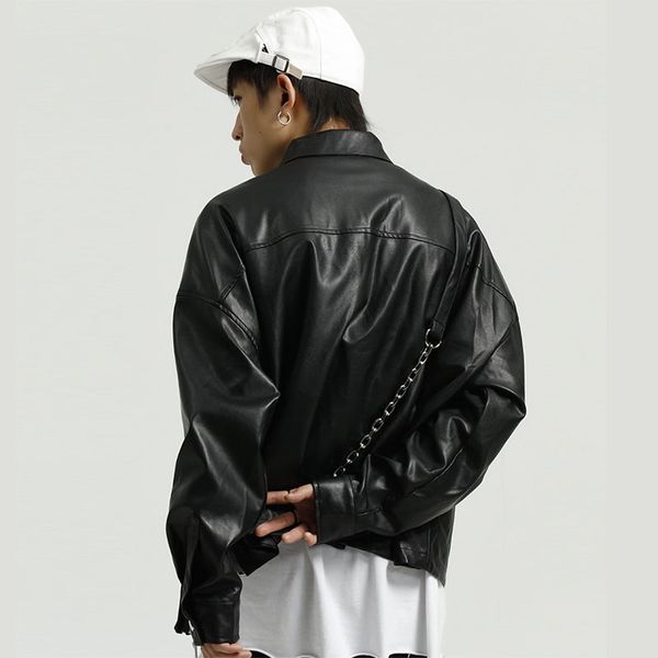 men with bag short style pu leather jacket japan korea male women streetwear hip hop loose leather coat outerwear, Black
men with bag short style pu leather jacket japan korea male women streetwear hip hop loose leather coat outerwear, Black