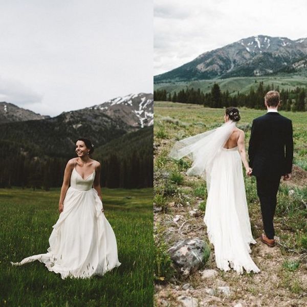 2019 spring mountain country wedding dresses spaghetti straps backless a line sweep train flowing chiffon beach simple bridal gowns, White
2019 spring mountain country wedding dresses spaghetti straps backless a line sweep train flowing chiffon beach simple bridal gowns, White