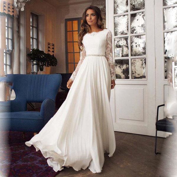 new arrival long sleeves wedding dresses appliques lace floor length dress beaded sash with bow bridal gown formal vestido de novia 2020, White
new arrival long sleeves wedding dresses appliques lace floor length dress beaded sash with bow bridal gown formal vestido de novia 2020, White