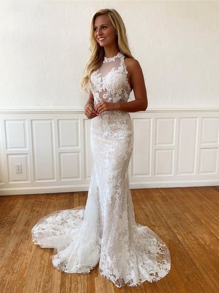 halter neck mermaid wedding dresses open backless floral appliques lace 2021 chic design boho bridal gowns vestido de noiva, White
halter neck mermaid wedding dresses open backless floral appliques lace 2021 chic design boho bridal gowns vestido de noiva, White