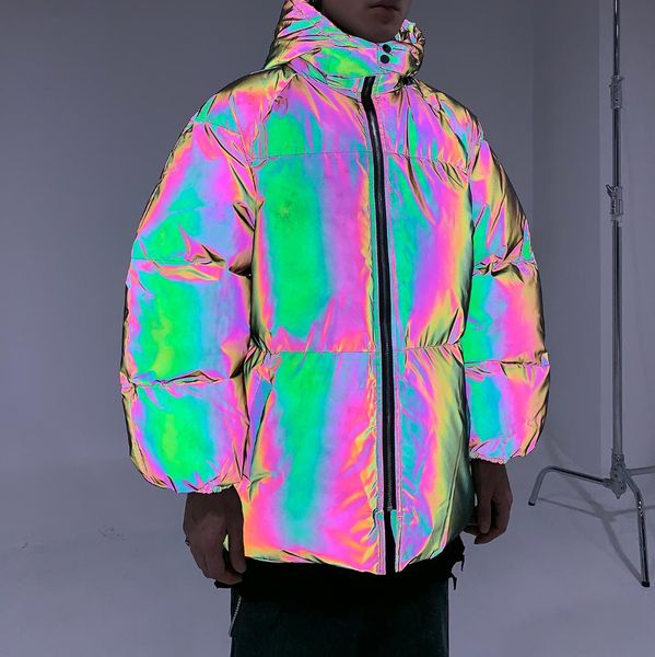 light reflective lighting night hooded down coat luminous noctilucence flourescent man boy's hip hop coat loosen down-filled 3m, Black
light reflective lighting night hooded down coat luminous noctilucence flourescent man boy's hip hop coat loosen down-filled 3m, Black