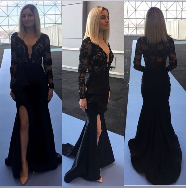 2019 side split slit evening dresses deep v neck lace appliqued mermaid formal prom gowns long sleeves party dress, Black;red
2019 side split slit evening dresses deep v neck lace appliqued mermaid formal prom gowns long sleeves party dress, Black;red