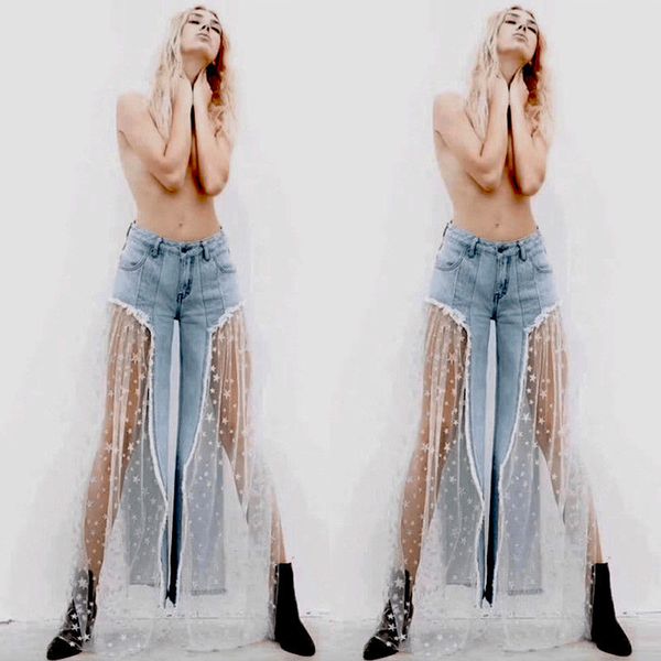 women and charming high waist button flared denim jeans creative lace star wide leg pants trouser, Blue
women and charming high waist button flared denim jeans creative lace star wide leg pants trouser, Blue