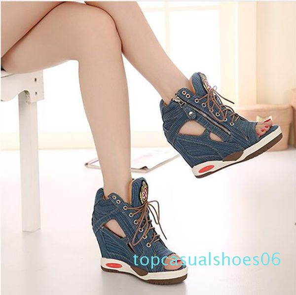 2019 new style fashion women denim heighten shoes girls lace up sandals t06, Black
2019 new style fashion women denim heighten shoes girls lace up sandals t06, Black