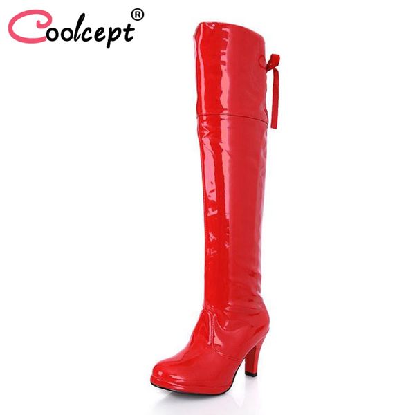 coolcept plus size 30-48 women high heels boots bowknot lace up warm shoes women patent leather knee boots party shoes, Black
coolcept plus size 30-48 women high heels boots bowknot lace up warm shoes women patent leather knee boots party shoes, Black