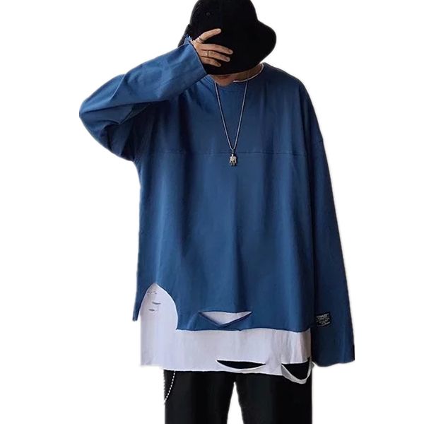 men's pullover t-shirt casual solid color original students loose fake two-piece hole personality tide male couple shirts, White;black
men's pullover t-shirt casual solid color original students loose fake two-piece hole personality tide male couple shirts, White;black