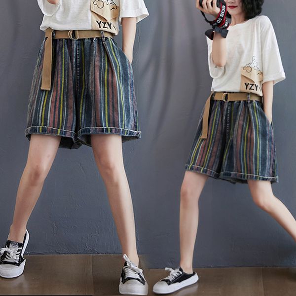 casual denim rainbow color striped wide leg shorts women's summer 2020 new style retro loose jeans shorts denim pants pockets, Blue 
casual denim rainbow color striped wide leg shorts women's summer 2020 new style retro loose jeans shorts denim pants pockets, Blue