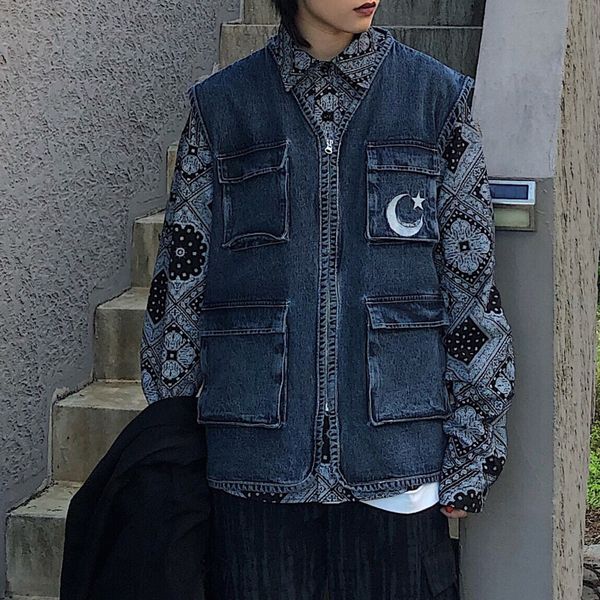 fashion tide japanese retro denim vest homemade bf street loose washed old vest outside wearing female 19b-a129, Black;white
fashion tide japanese retro denim vest homemade bf street loose washed old vest outside wearing female 19b-a129, Black;white