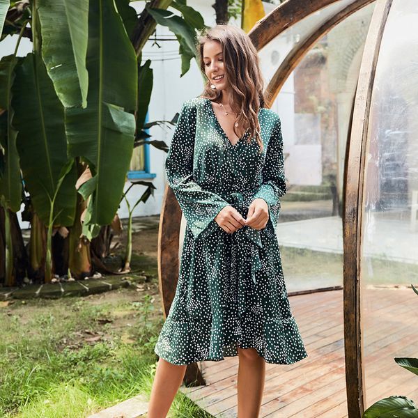 womens v-neck dot printed autumn spring long sleeve ruffled hem flare sleeve party wrap dress vestidos femininos 2019, Black;gray
womens v-neck dot printed autumn spring long sleeve ruffled hem flare sleeve party wrap dress vestidos femininos 2019, Black;gray