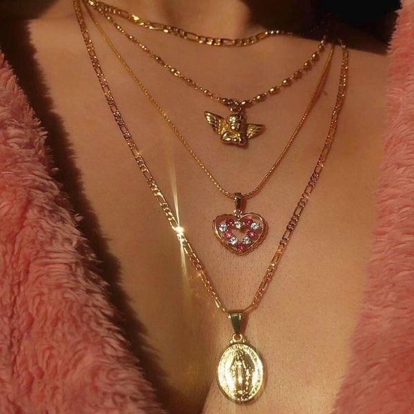 bohemian multi layer angel pendant necklace women fashion pink crystal heart statement virgin mary coin necklace jewelry gifts, Silver
bohemian multi layer angel pendant necklace women fashion pink crystal heart statement virgin mary coin necklace jewelry gifts, Silver