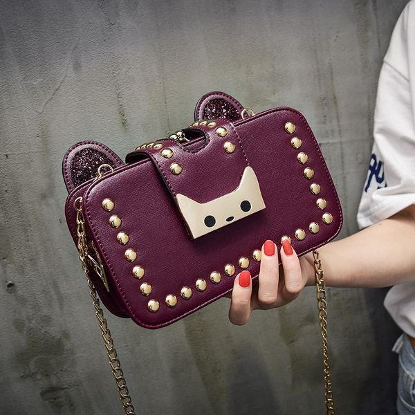 new ladies shoulder bag bright leather decorative cat ears chain pouch fashion rivet crossbody bag hand bags