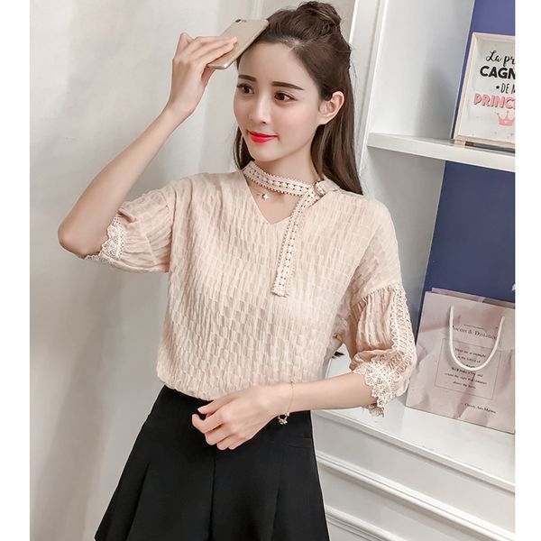 women summer sweet lace chiffon blouse half sleeve fresh fairy ladies korean style v-neck office shirts pink blusas mujer, White
women summer sweet lace chiffon blouse half sleeve fresh fairy ladies korean style v-neck office shirts pink blusas mujer, White