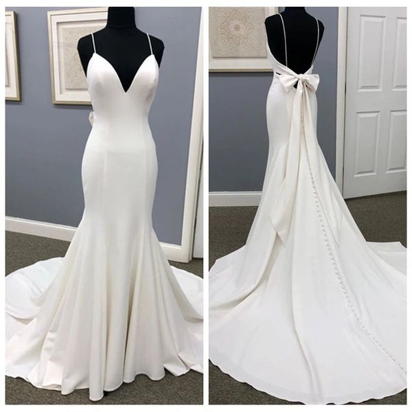 decent thin straps ivory wedding dresses satin mermaid sweep train backless wedding dress with big bow back vestido de noiva 2019, White
decent thin straps ivory wedding dresses satin mermaid sweep train backless wedding dress with big bow back vestido de noiva 2019, White