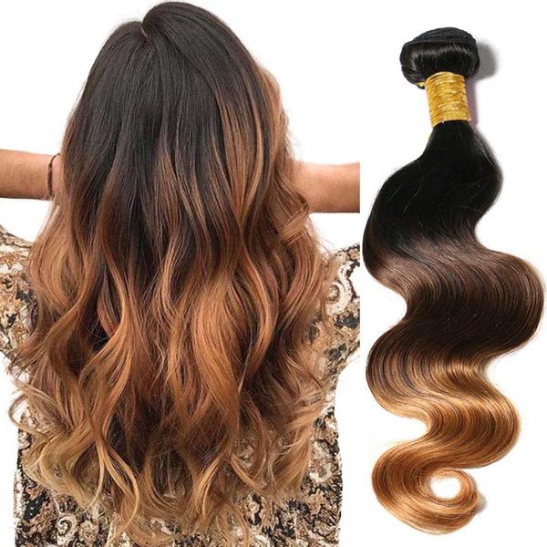 

remy unprocessed human hair extensions ombre brazilian hair body wave ombre human hair weave 3/4 bundles color #1b/#4/#27 #30, Black