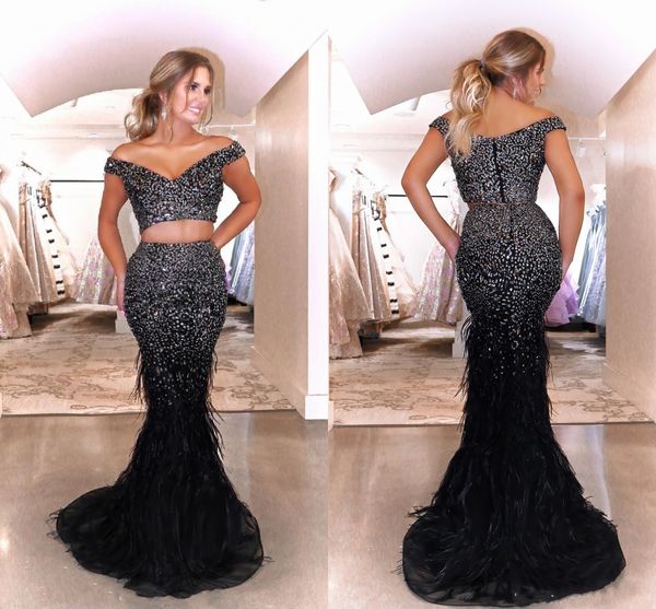 luxury crystal beaded feathers prom pageant dresses long trumpet off the shoulder two piece homecoming party cocktail dress evening gowns, Black
luxury crystal beaded feathers prom pageant dresses long trumpet off the shoulder two piece homecoming party cocktail dress evening gowns, Black