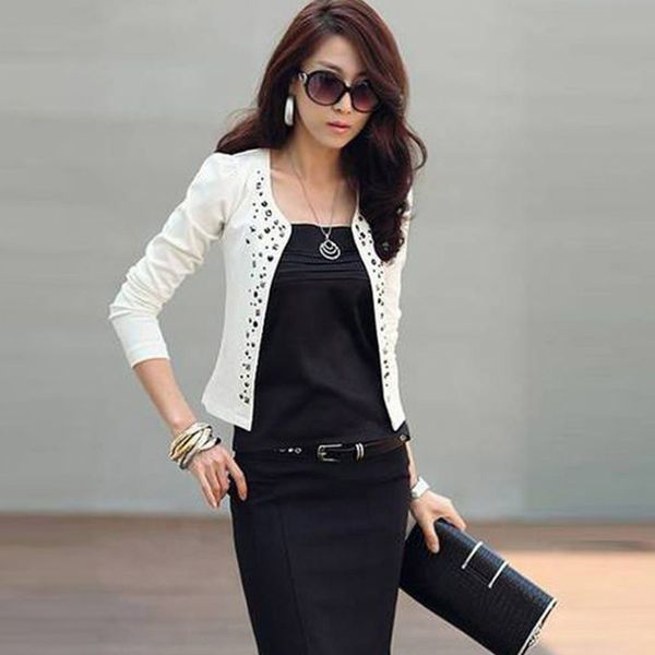 women blazers jackets autumn slim fit women formal jackets office work open front rivet ladies blazer coat, White;black
women blazers jackets autumn slim fit women formal jackets office work open front rivet ladies blazer coat, White;black