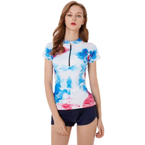 women's two-piece split flat-angle short-sleeved anti-ultraviolet printed surf suit with large size and thin spring swimsuit, White;black
women's two-piece split flat-angle short-sleeved anti-ultraviolet printed surf suit with large size and thin spring swimsuit, White;black