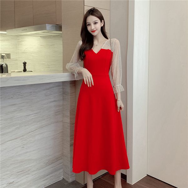 2020s new autumn korean-style v-neck super fairy mesh stitching mid-length slim-looking goddess dress, White;black
2020s new autumn korean-style v-neck super fairy mesh stitching mid-length slim-looking goddess dress, White;black