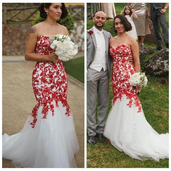 vintage lace wedding dresses red applique mermaid plus size bridal gowns sweetheart neck sleeveless lace up back sweep train tulle wedding, White
vintage lace wedding dresses red applique mermaid plus size bridal gowns sweetheart neck sleeveless lace up back sweep train tulle wedding, White
