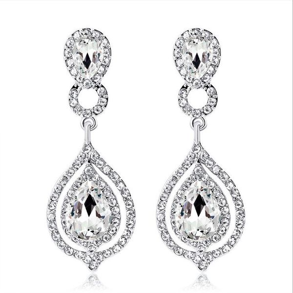 shining crystals earrings rhinestones long drop earring for women bridal jewelry wedding gift for bridesmaids in stock whole sale, White