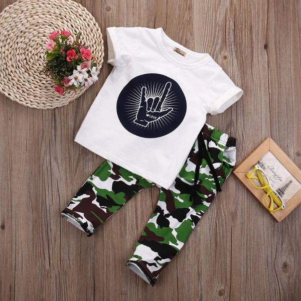 2020 new fashion boy tee kids baby boys camo & denim outfit t-shirt pants clothes set, White