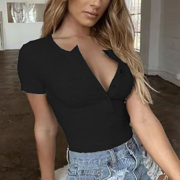woment-shirt deep v-neck button thread short-sleeved slim tight-fitting shirt t-shirt, White
woment-shirt deep v-neck button thread short-sleeved slim tight-fitting shirt t-shirt, White