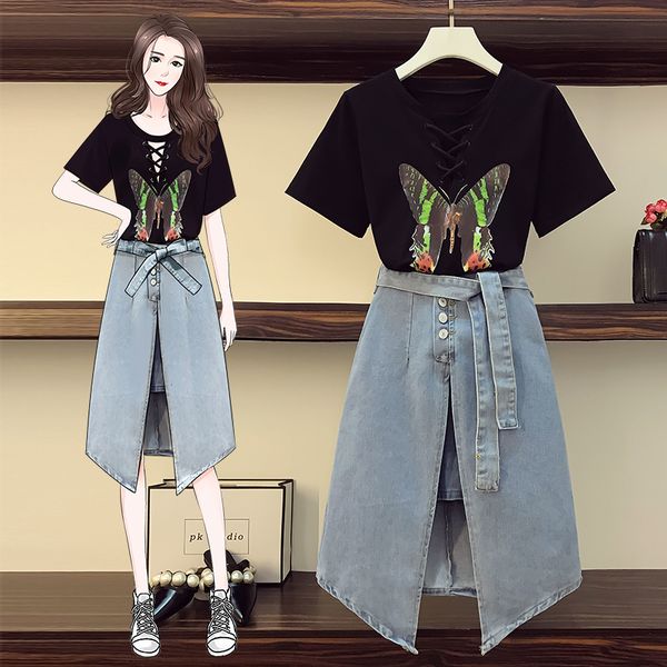 women's suit 2020 summer new large size denim skirt + pure cotton short sleeve t-shirt two-piece suit, White
women's suit 2020 summer new large size denim skirt + pure cotton short sleeve t-shirt two-piece suit, White