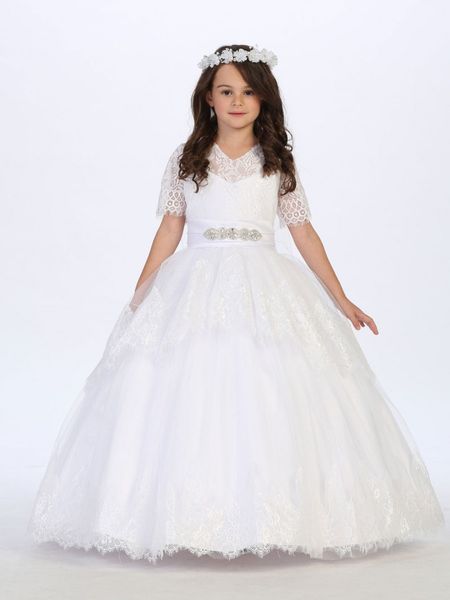 2019 princess girls lace holy communion gowns v neck short sleeve beaded belt ivory holy communion dresses party ball gowns, White
2019 princess girls lace holy communion gowns v neck short sleeve beaded belt ivory holy communion dresses party ball gowns, White