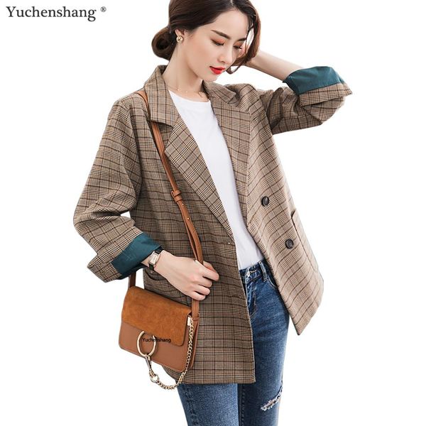 women double breasted plaid blazer and jackets fashion female feminino casual outerwear coat with pockets, White;black
women double breasted plaid blazer and jackets fashion female feminino casual outerwear coat with pockets, White;black