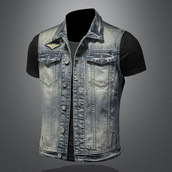 embroidered badge men's jeans vest men slim fashion biker motorcycle denim vests single breasted vintage sleeveles jackets, Black;white
embroidered badge men's jeans vest men slim fashion biker motorcycle denim vests single breasted vintage sleeveles jackets, Black;white