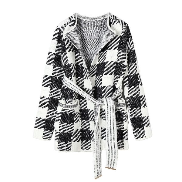 2018 winter elegant women white plaid sweater cardigans elegant lace up belt long sleeve female knitted overcoat clothing, White;black
2018 winter elegant women white plaid sweater cardigans elegant lace up belt long sleeve female knitted overcoat clothing, White;black