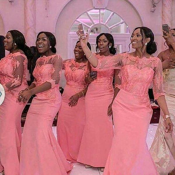 2020 african water melon mermaid bridesmaid dresses half sleeves lace appliques illusion sweep train wedding guest dress maid of honor gowns, White;pink
2020 african water melon mermaid bridesmaid dresses half sleeves lace appliques illusion sweep train wedding guest dress maid of honor gowns, White;pink