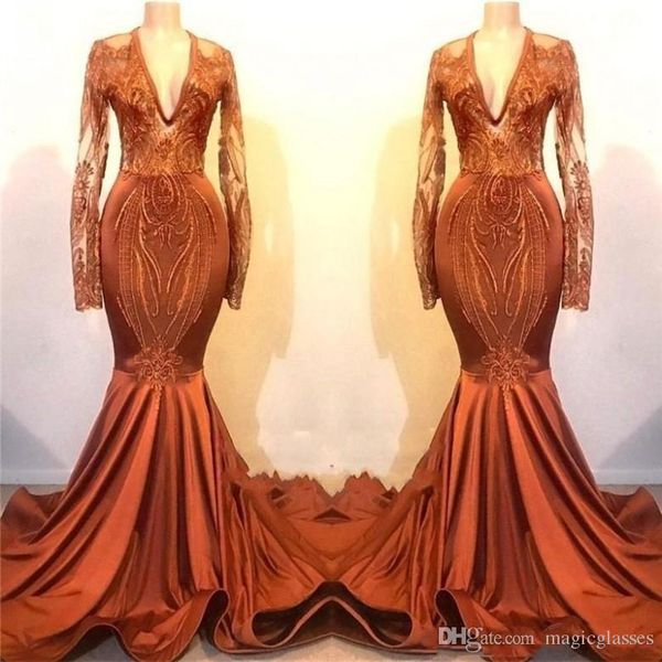 2019 sheer mermaid prom dresses long sleeves v neck lace appliques evening gowns satin piping sweep train formal party dress, Black
2019 sheer mermaid prom dresses long sleeves v neck lace appliques evening gowns satin piping sweep train formal party dress, Black