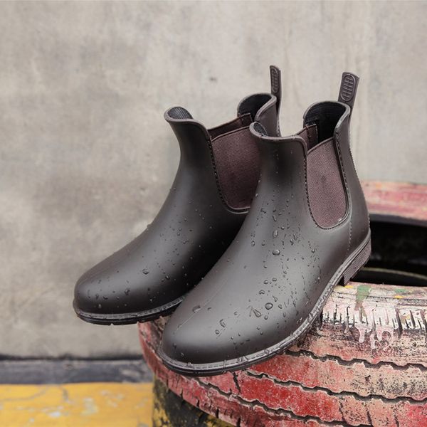 proof rainboots boots flat heel round head shoes leather keep warm martin boots, Black;red