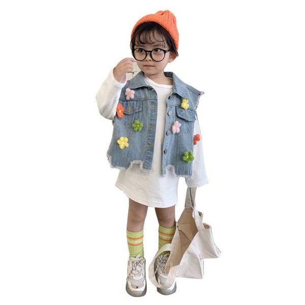 dfxd england style kids girl sleeveless denim waistcoat outwear toddler clothes floral loose jeans vest coat 2-7t spring jackets, Blue